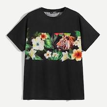 Romwe Guys Tiger & Tropical Print Tee