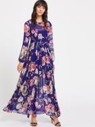 Romwe Rose Print High Waist Semi Sheer Dress