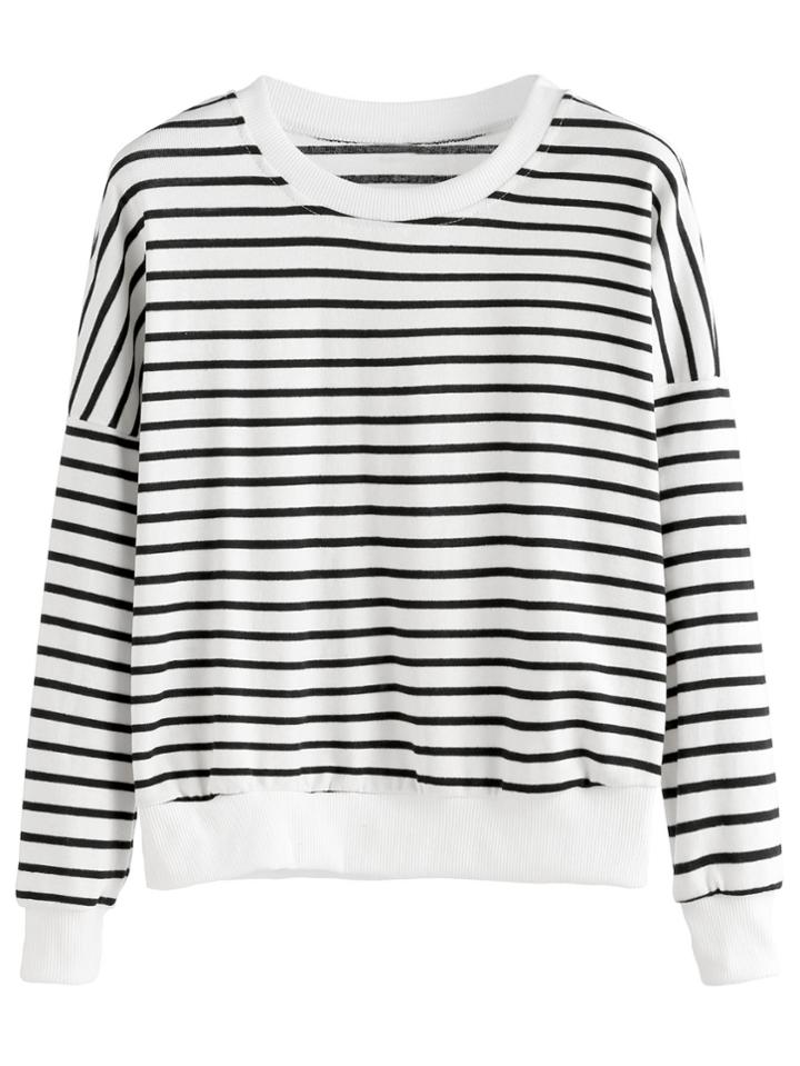 Romwe Black White Striped Drop Shoulder Sweatshirt