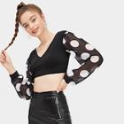 Romwe Polka Dot Print Bishop Sleeve Crop V-neck Tee