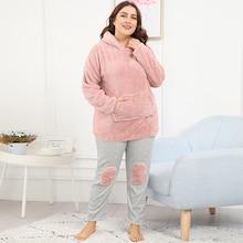 Romwe Plus Ears Detail Plush Hoodie & Pants Pj Set