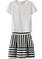 Romwe With Pocket Zipper Top With Vertical Striped Skirt
