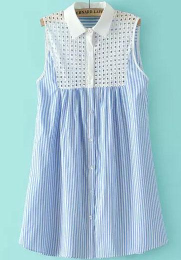 Romwe Blue Sleeveless Hollow Vertical Stripe Dress