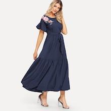 Romwe Floral Embroidered Applique Self Belted Dress
