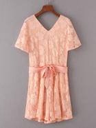 Romwe Double V Neck Tie Waist Lace Playsuit