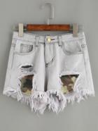 Romwe Pale Grey Camo Print Ripped Denim Shorts