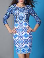 Romwe White And Blue Porcelain Round Neck Length Sleeve Dress