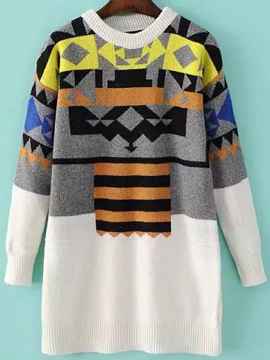 Romwe Geometric Print White Loose Sweater Dress