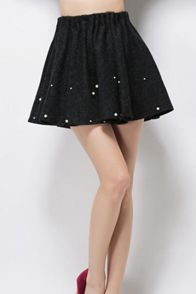 Romwe Beaded Woolen Flare Dark Grey Skirt