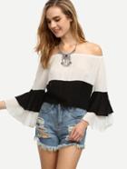 Romwe Contrast Layered Bell Sleeve Off The Shoulder Top