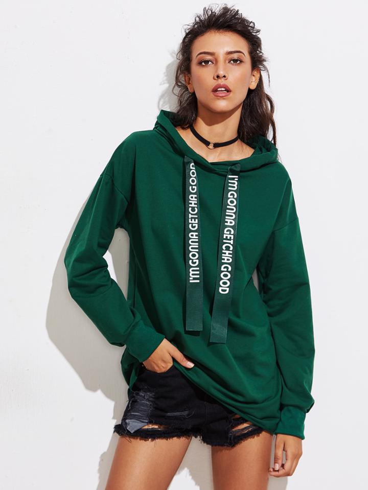 Romwe Letter Print Strap Long Hoodie