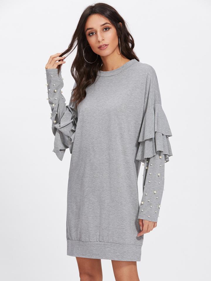 Romwe Flounce Sleeve Faux Pearl Dress