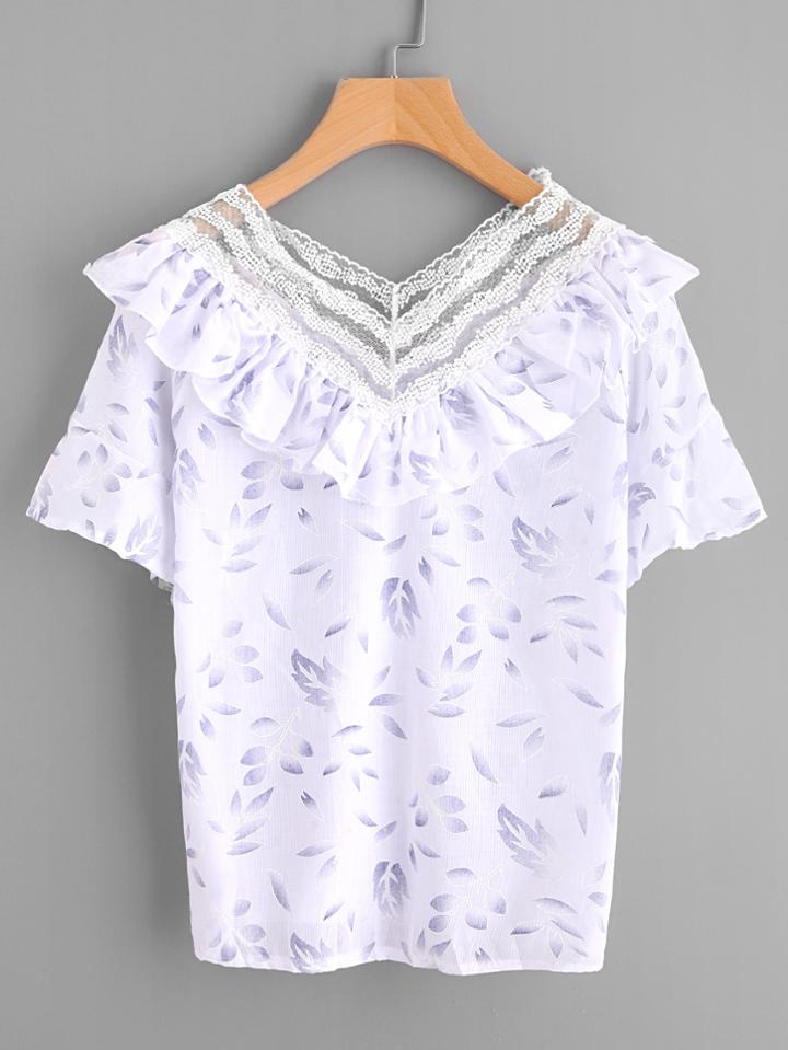 Romwe Leaf Print Lace Panel Neck Layered Blouse