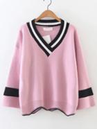 Romwe Pink Color Block V Neck Asymmetrical Sweater