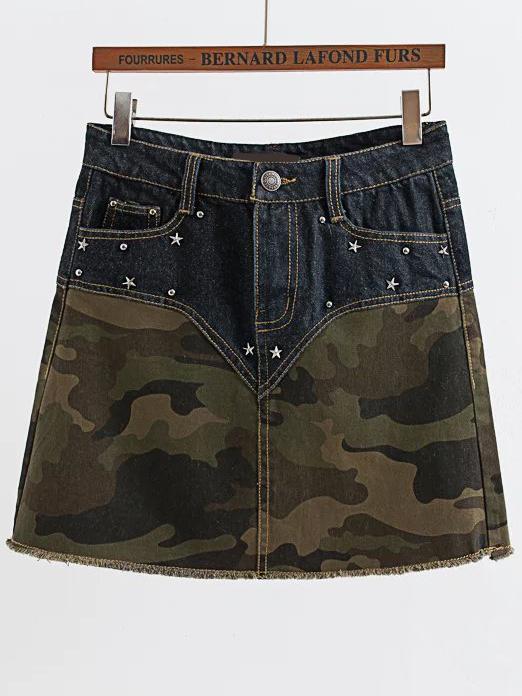 Romwe Army Green Studded Raw Hem Camouflage Skirt