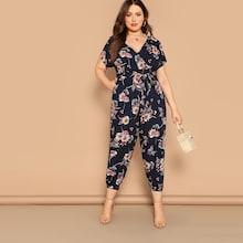 Romwe Plus Floral Print Belted Wrap Jumpsuit