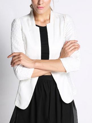 Romwe Stand Collar Lace Insert White Blazer