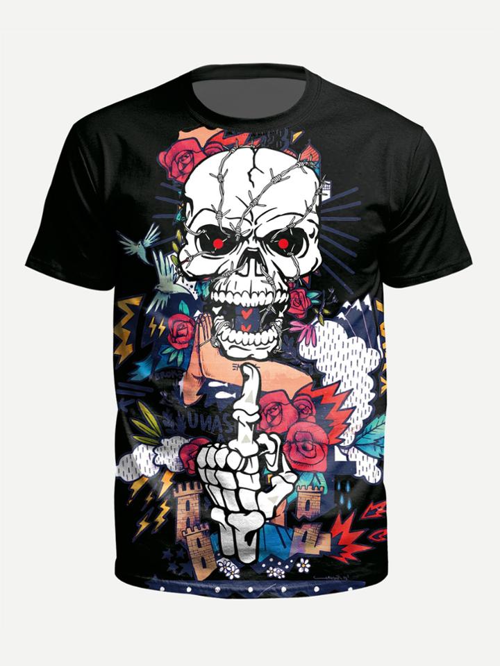 Romwe Men Halloween And Flower Print Tee