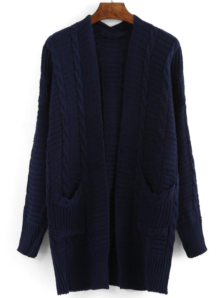 Romwe Pockets Long Navy Coat