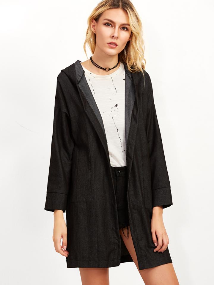 Romwe Black Drop Shoulder Hooded Denim Coat