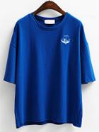 Romwe Embroidered Drop Sleeve T-shirt - Blue