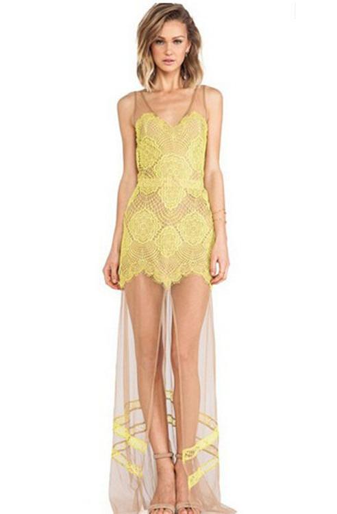 Romwe Sheer Mesh Lace Yellow Maxi Dress