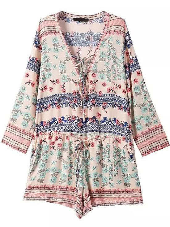 Romwe Deep V Neck Lace Up Flower Print Romper