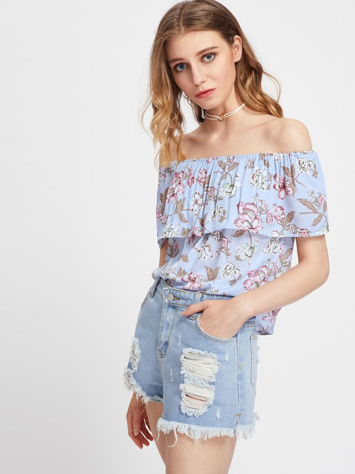 Romwe Flounce Layered Neckline Floral Print Blouse