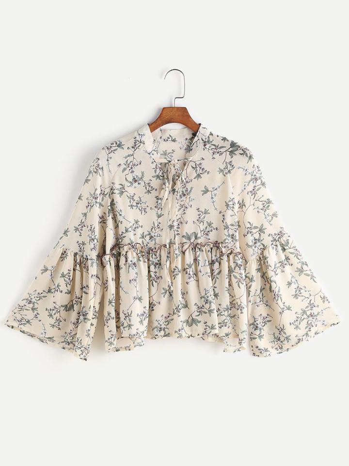 Romwe Apricot Floral Lace Up Front Bell Sleeve Top