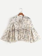 Romwe Apricot Floral Lace Up Front Bell Sleeve Top