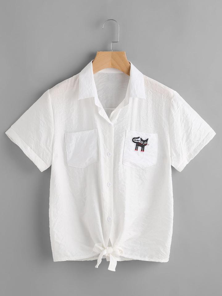 Romwe Cat Patches Self-tie Front Shirt With Dual Chest Pockets