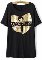 Romwe Black Bronzing Letters Print T-shirt