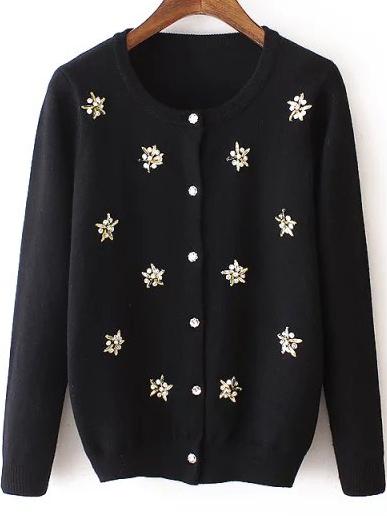 Romwe Long Sleeve Beaded Slim Black Cardigan
