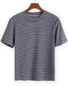 Romwe Round Neck Striped Grey T-shirt