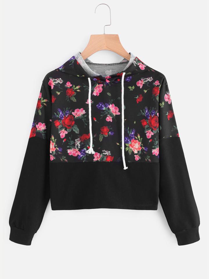 Romwe Contrast Floral Print Hoodie