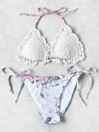 Romwe Flower Print Mix And Match Crochet Bikini Set