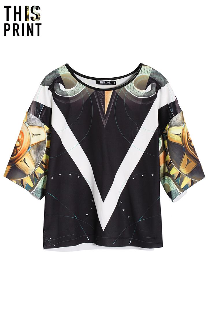 Romwe Romwe Sun Tattoo Big V T-shirt