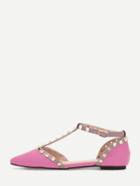 Romwe Pink Faux Patent Studded T-strap Flats