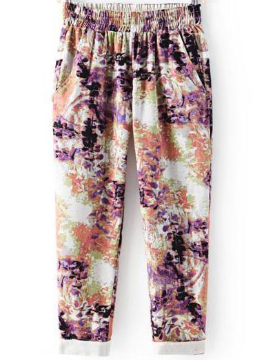 Romwe Beige Elastic Waist Floral Loose Pant