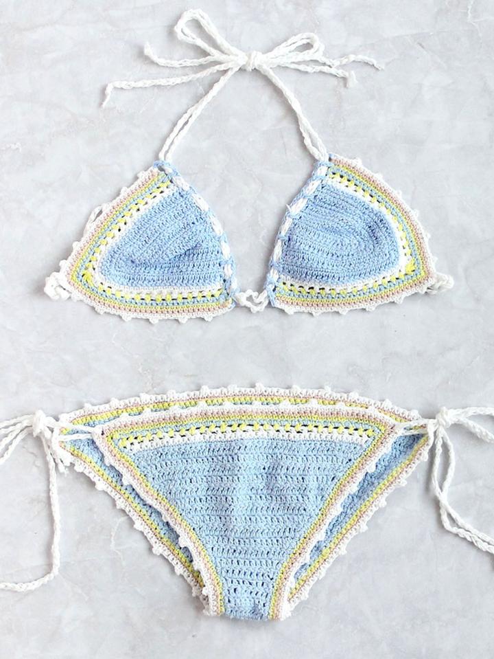 Romwe Blue Crocheted Halter Triangle Vintage Bikini Set
