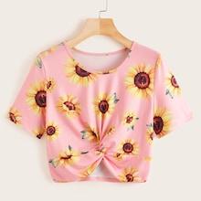 Romwe Sunflower Print Twist Hem Tee