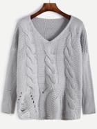 Romwe Grey V Neck Ripped Cable Knit Sweater