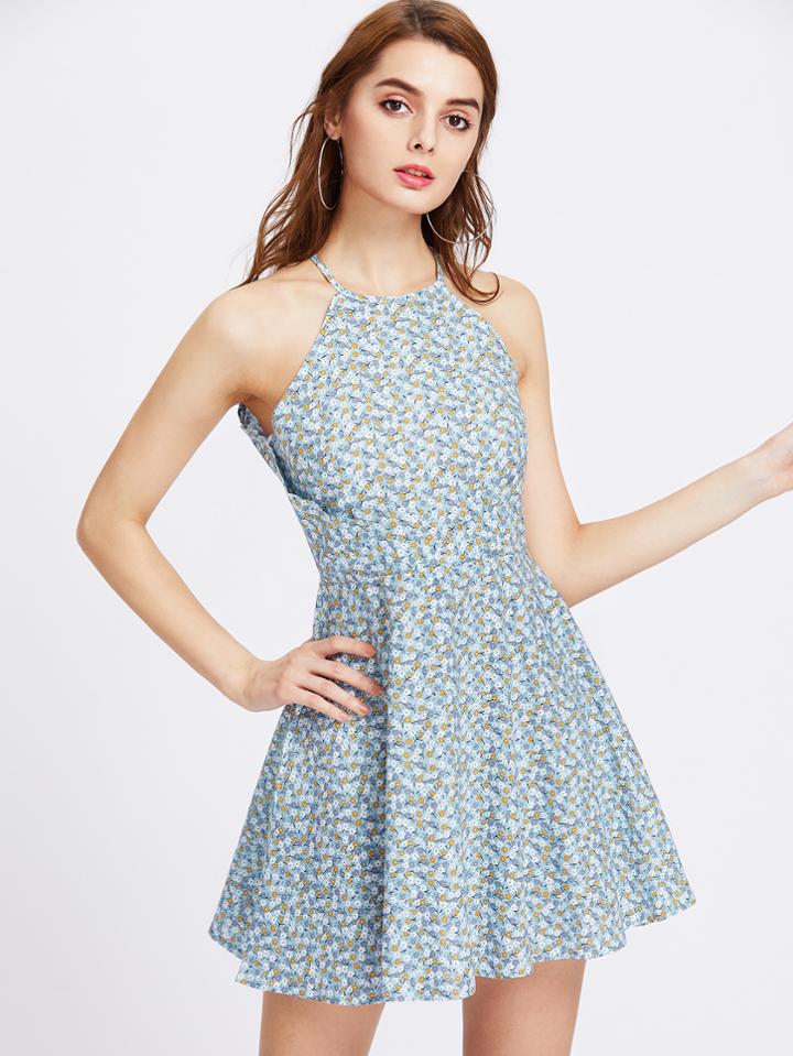 Romwe Halter Surplice Detail Ditsy Print Dress
