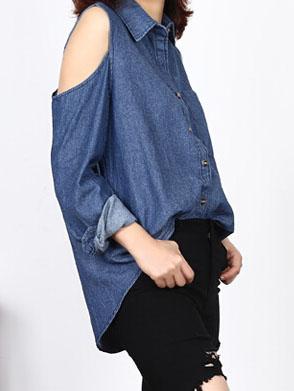 Romwe Cold Shoulder Lapel Denim Blouse