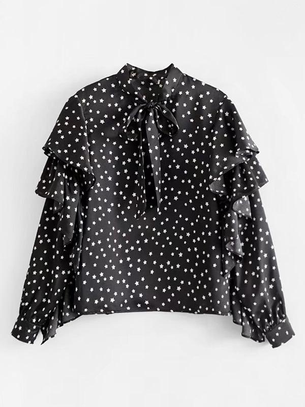 Romwe Tie Neck Star Print Flounce Blouse