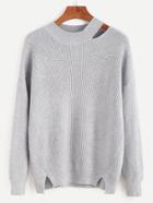 Romwe Grey Cut Out Neck Slit Side Sweater