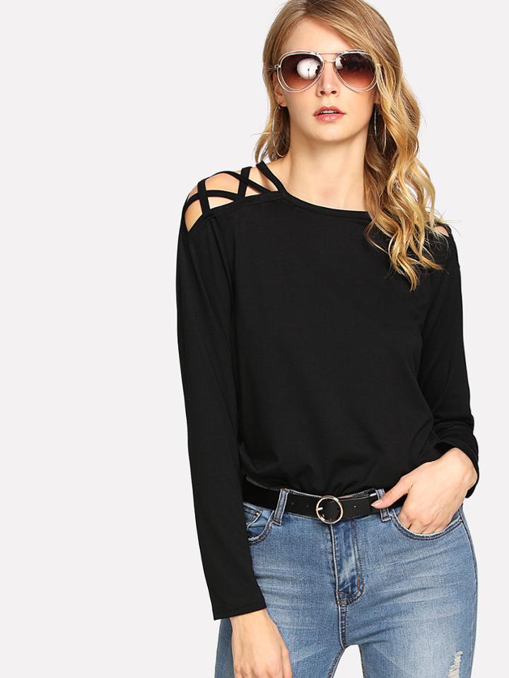 Romwe Crisscross Open Shoulder T-shirt