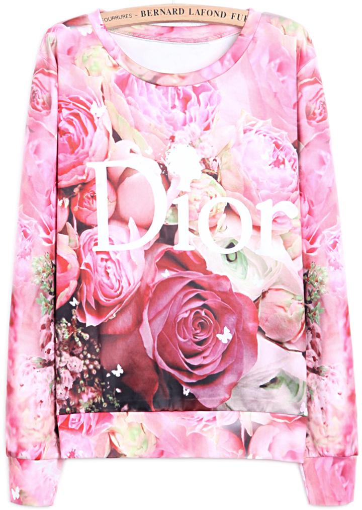 Romwe Red Long Sleeve Letters Roses Print Sweatshirt