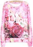 Romwe Red Long Sleeve Letters Roses Print Sweatshirt