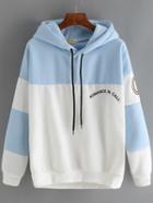 Romwe Hooded Drawstring Letter Embroidered White Blue Sweatshirt